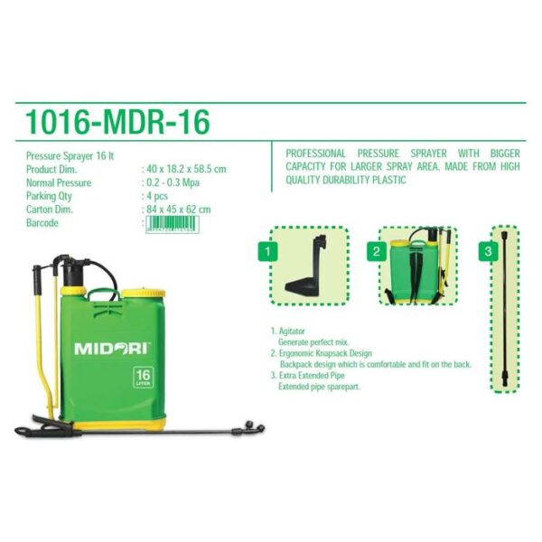 Alat Semprot Tanaman Gendong 16 Liter Midori 1016-MDR-16 Pressure Sprayer (4) Alat Semprot Tanaman Gendong 16 Liter Midori 1016-MDR-16 Pressure Sprayer Ukuran 40 x 18.2 x 58.5 cm | Raja Plastik Indonesia
