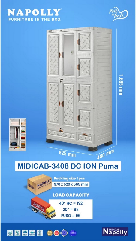 LEMARI PAKAIAN PLASTIK 3 PINTU NAPOLLY MIDICAB-3408 DC ION | RAJA PLASTIK INDONESIA