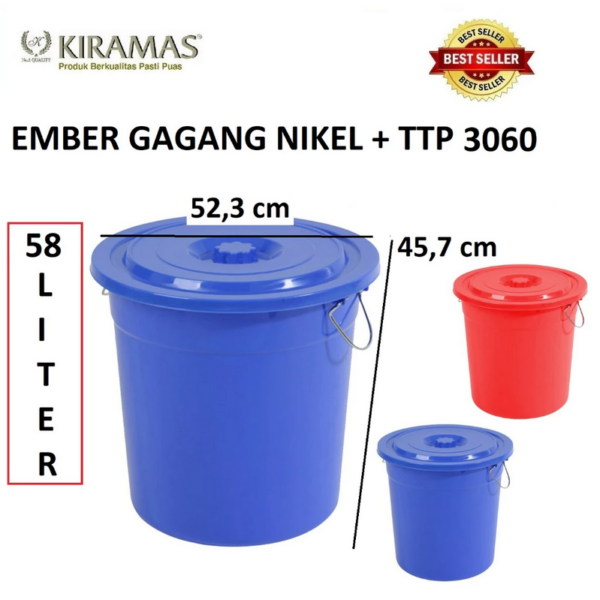 EMBER PLASTIK BESAR 58 LITER TUTUP + HANDLE KIRAMAS 3060, UKURAN D. 52.3 x T. 45.7 CM | RAJA PLASTIK INDONESIA