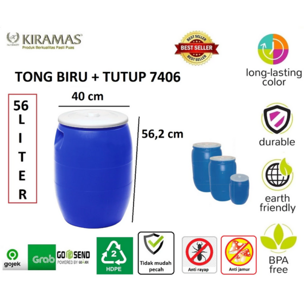 TONG AIR BIRU PLASTIK 56 LITER KIRAMAS 7406 DENGAN TUTUP, UKURAN D.40 x T.56,2 CM | RAJA PLASTIK INDONESIA