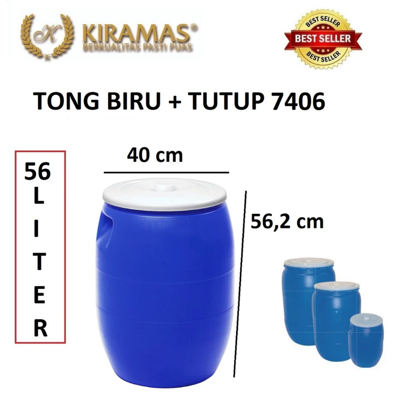TONG AIR BIRU PLASTIK 56 LITER KIRAMAS 7406 DENGAN TUTUP, UKURAN D.40 x T.56,2 CM | RAJA PLASTIK INDONESIA