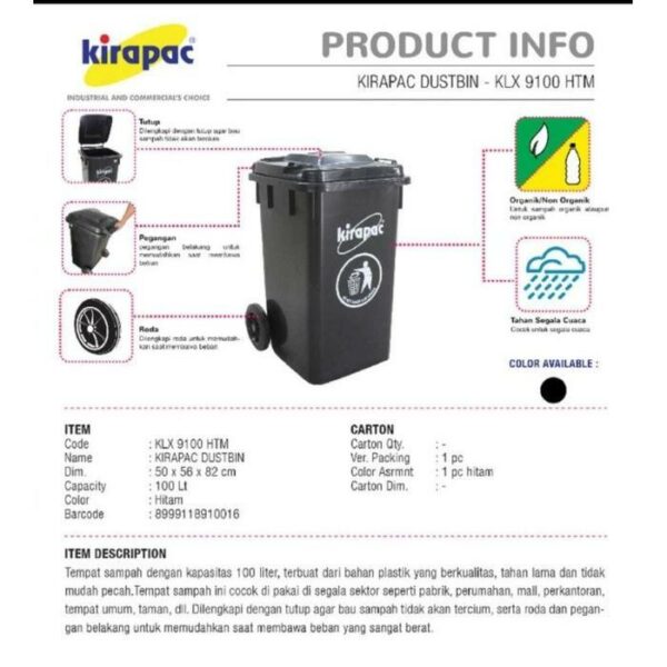 TEMPAT SAMPAH BESAR PLASTIK HITAM 100 LITER KIRAPAC KLX 9100: Solusi Praktis dan Tangguh untuk Kebutuhan Kebersihan Modern